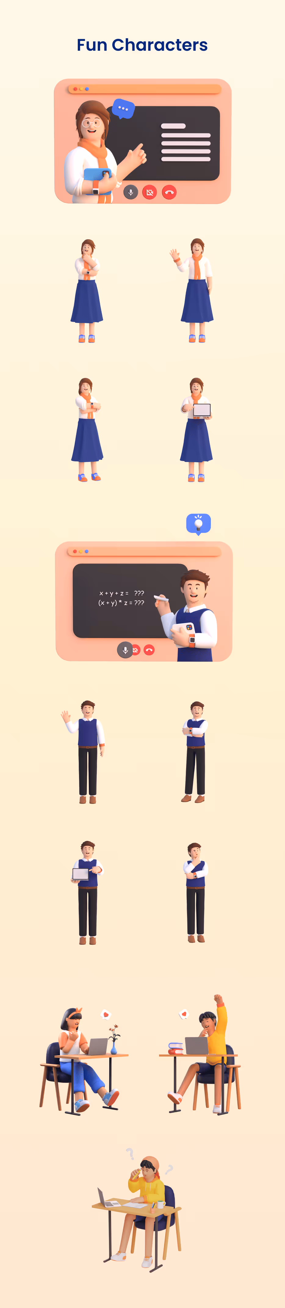 Colorful 3D teaching setup with a teacher and students.