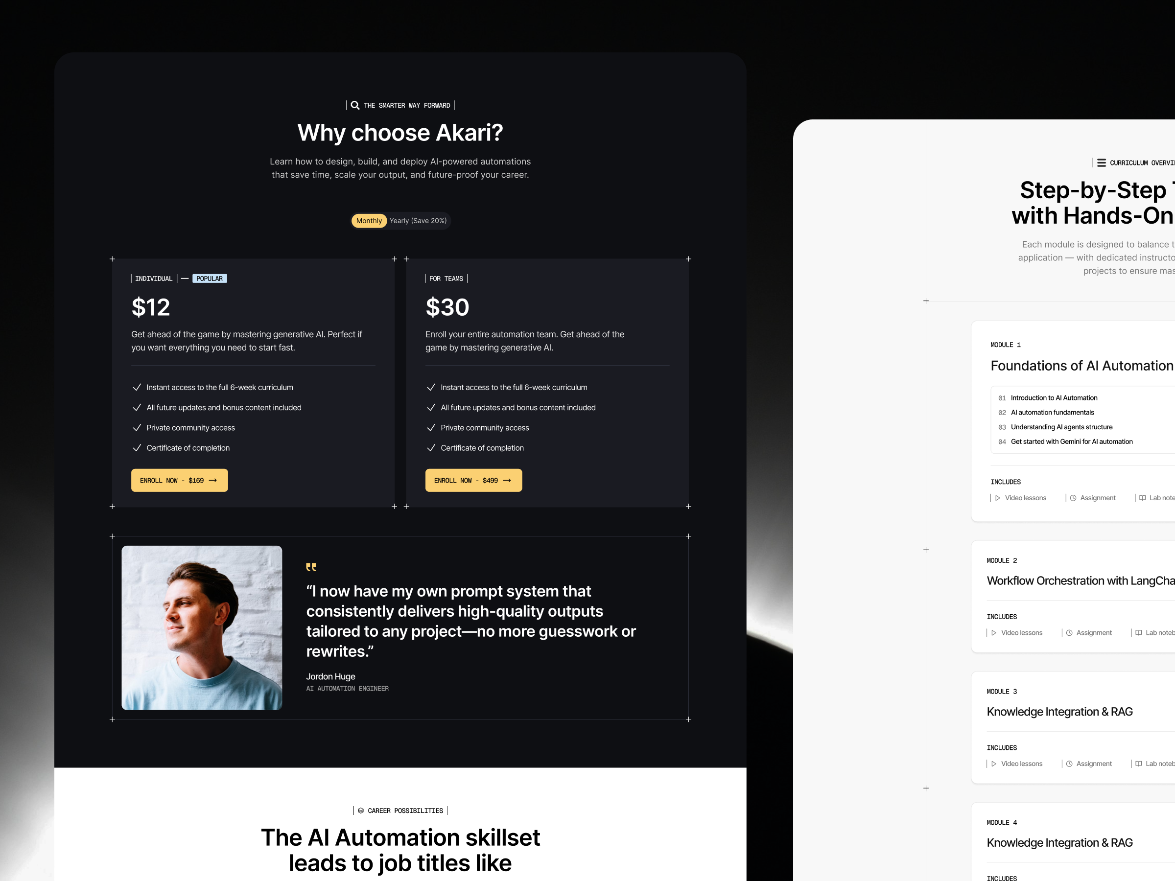 Pricing plans layout in Akari template