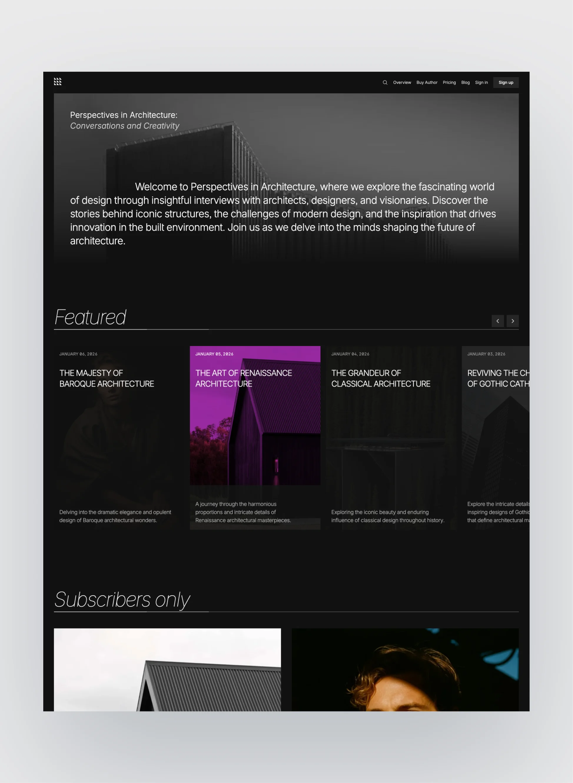 Header section of the Author blog template