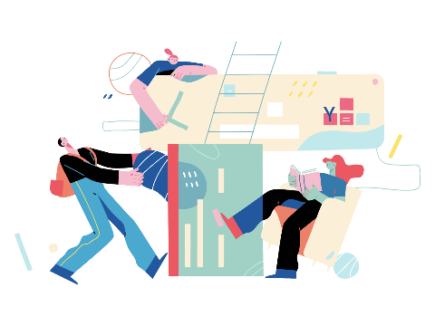 Vector illustration of collaborative tech characters.