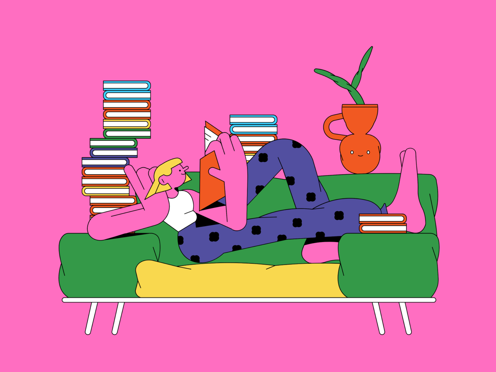 Colorful scene of a character working at a desk.