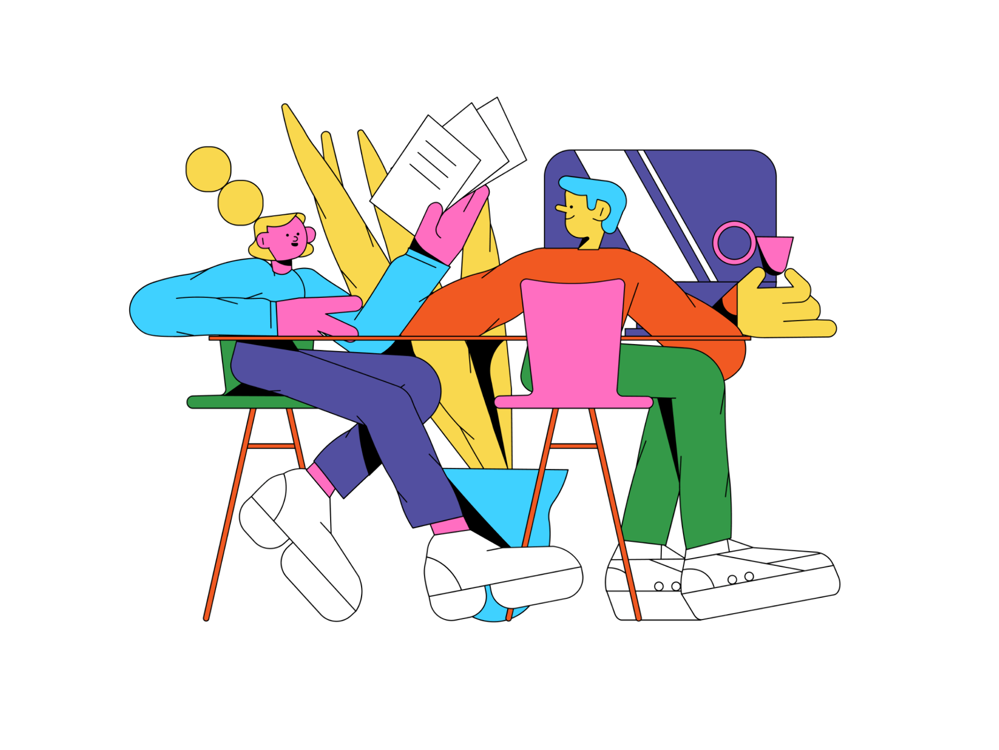 Character at a computer with various tasks displayed.