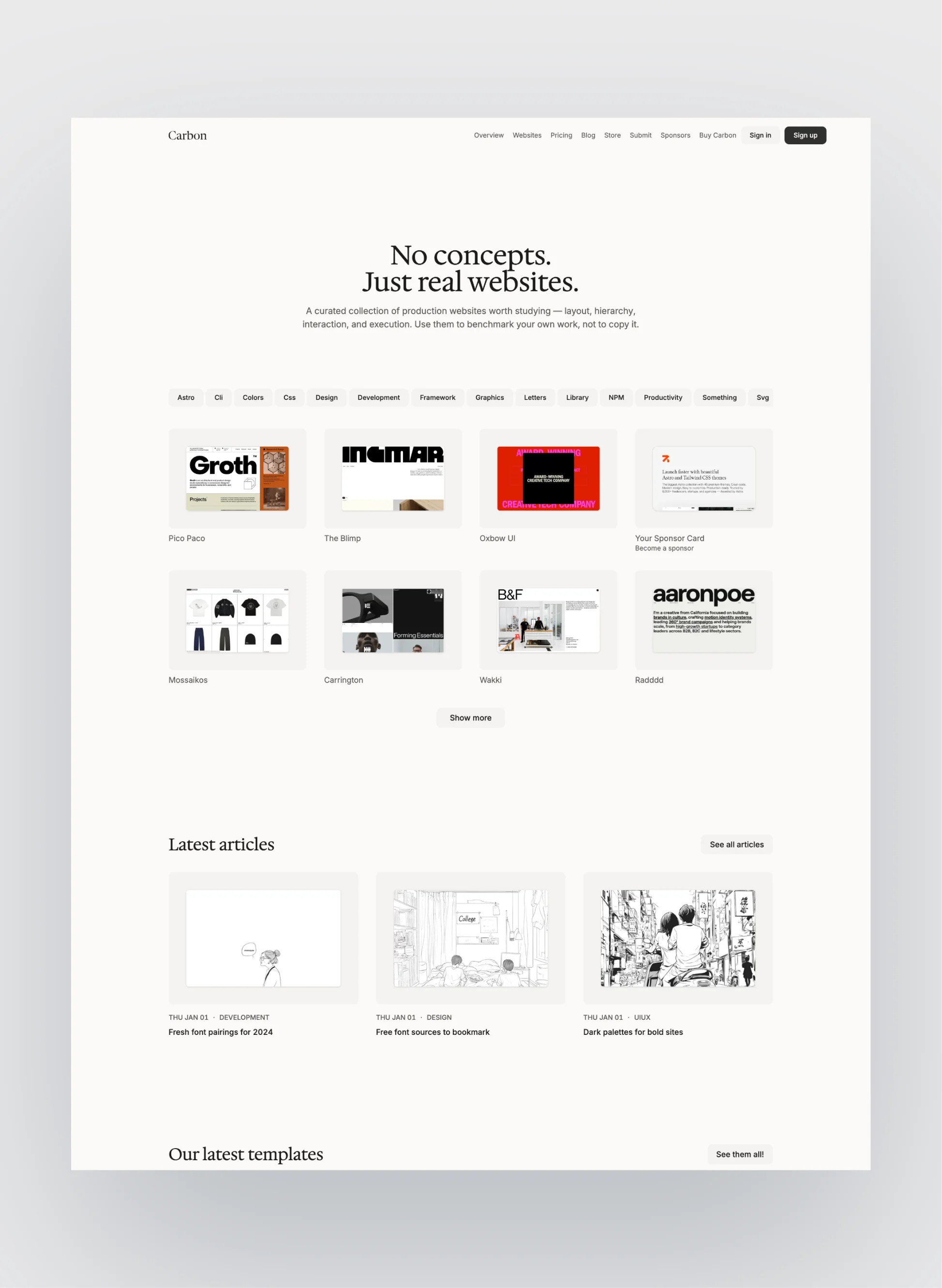 Homepage layout of Carbon, featuring a clean directory structure.