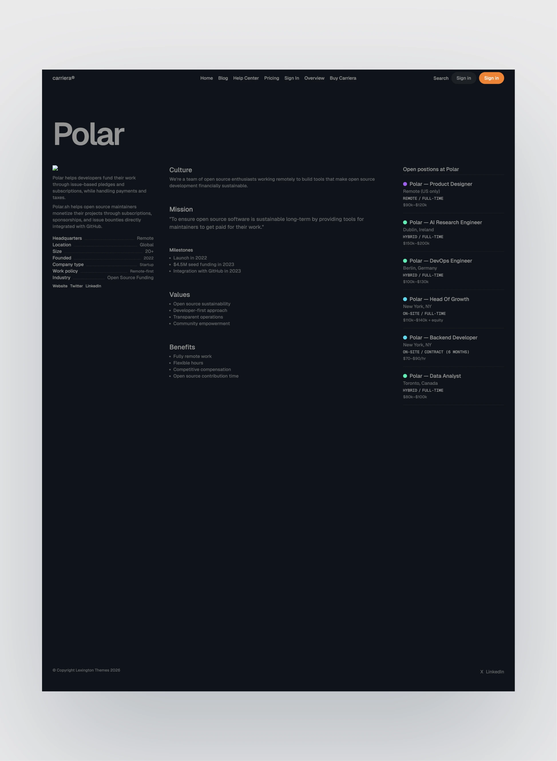 Visual elements of the Carriera template layout