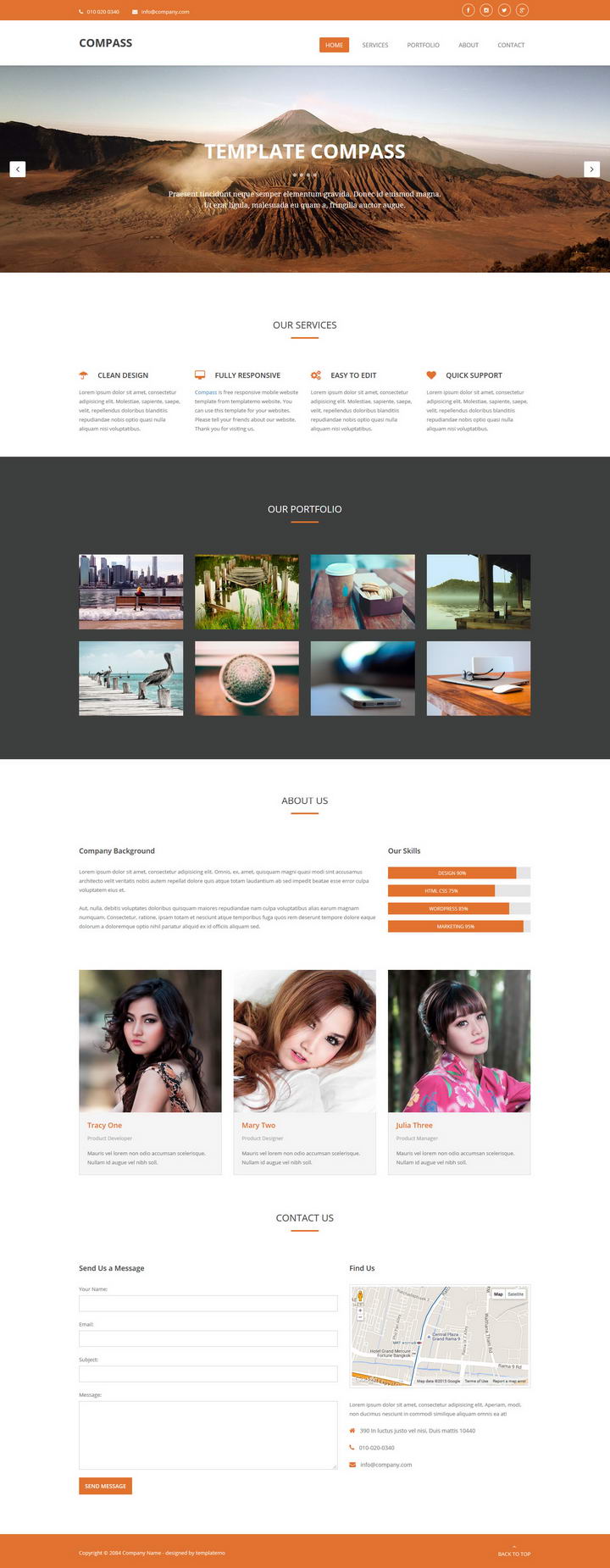 Compass Template featuring orange, white, and dark gray color scheme.