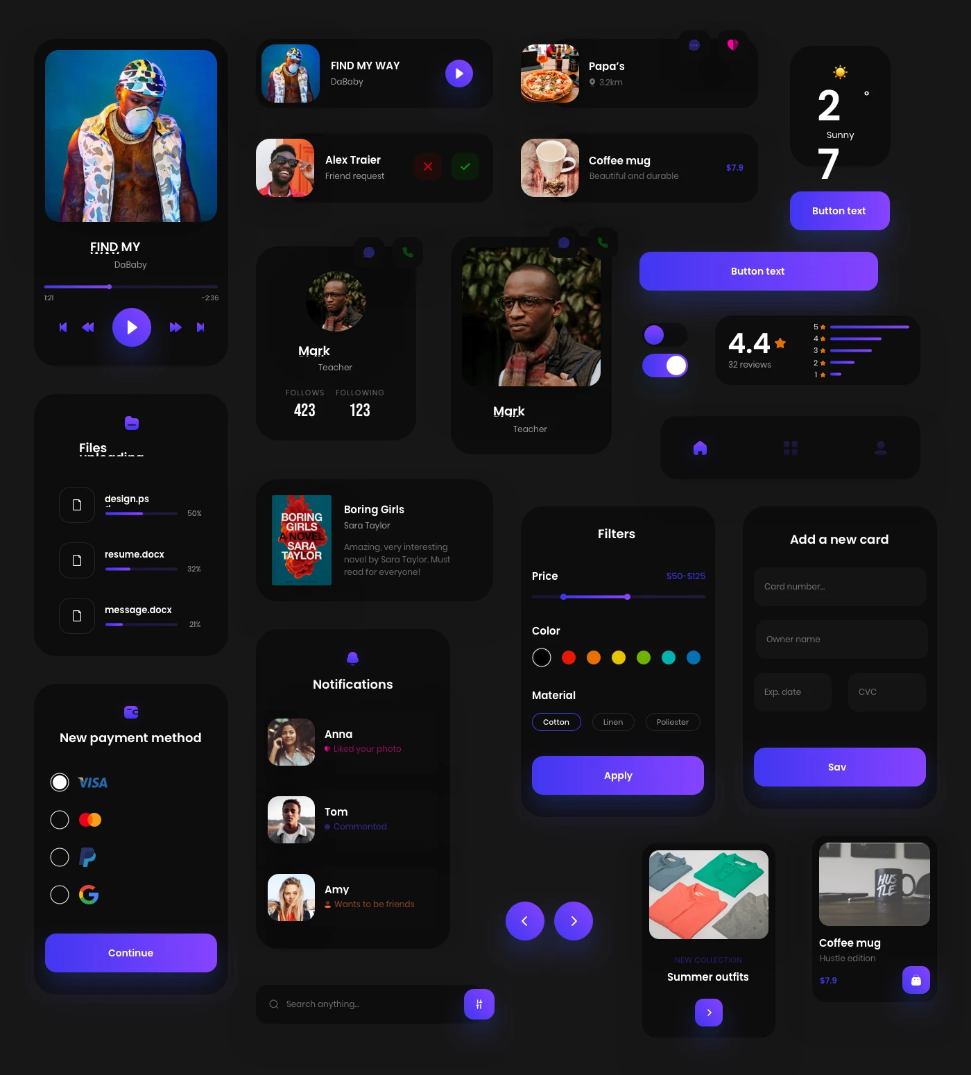 Screenshot of Components Free UI Kit showcasing various UI elements.