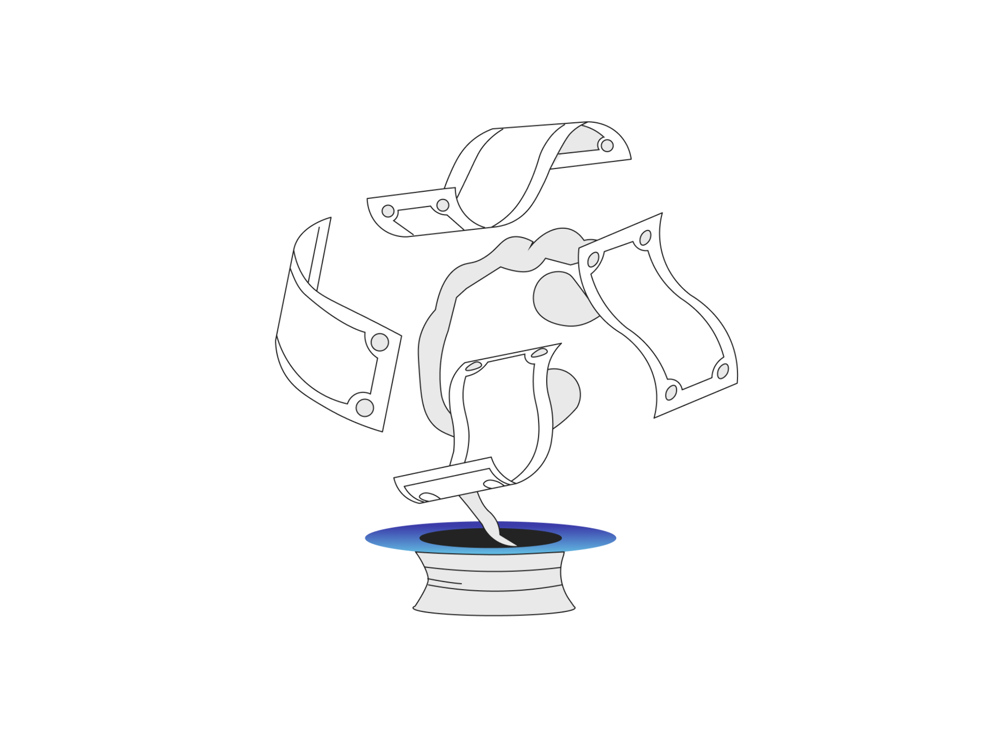Thin outline illustration featuring currency symbols