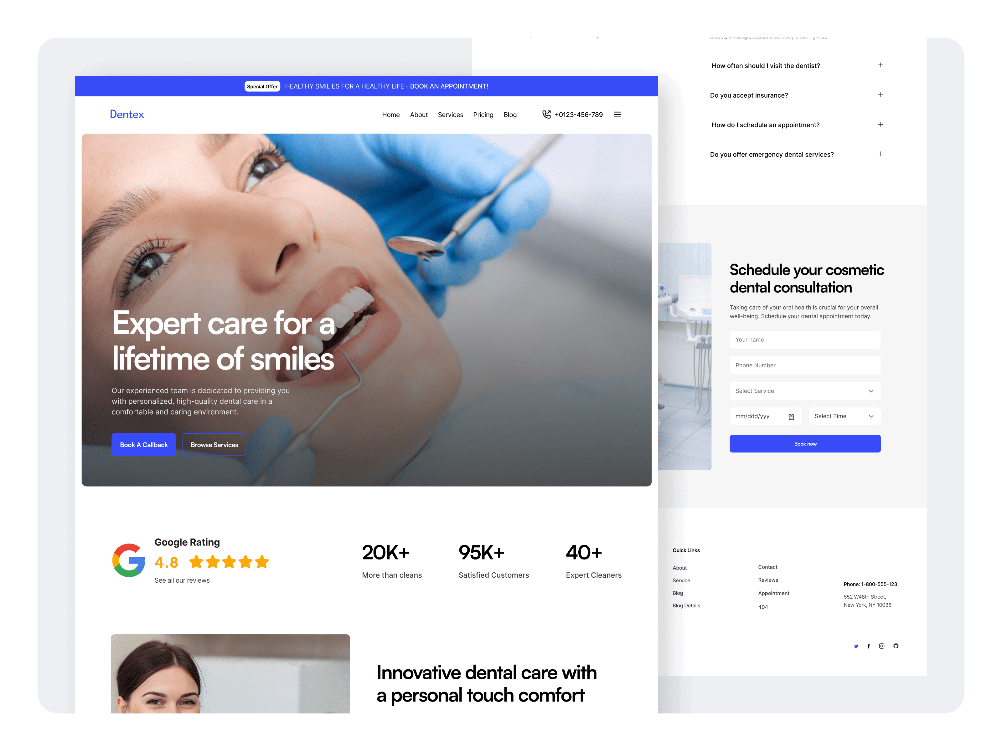 Mobile view of the Dentex template, optimized for responsive use