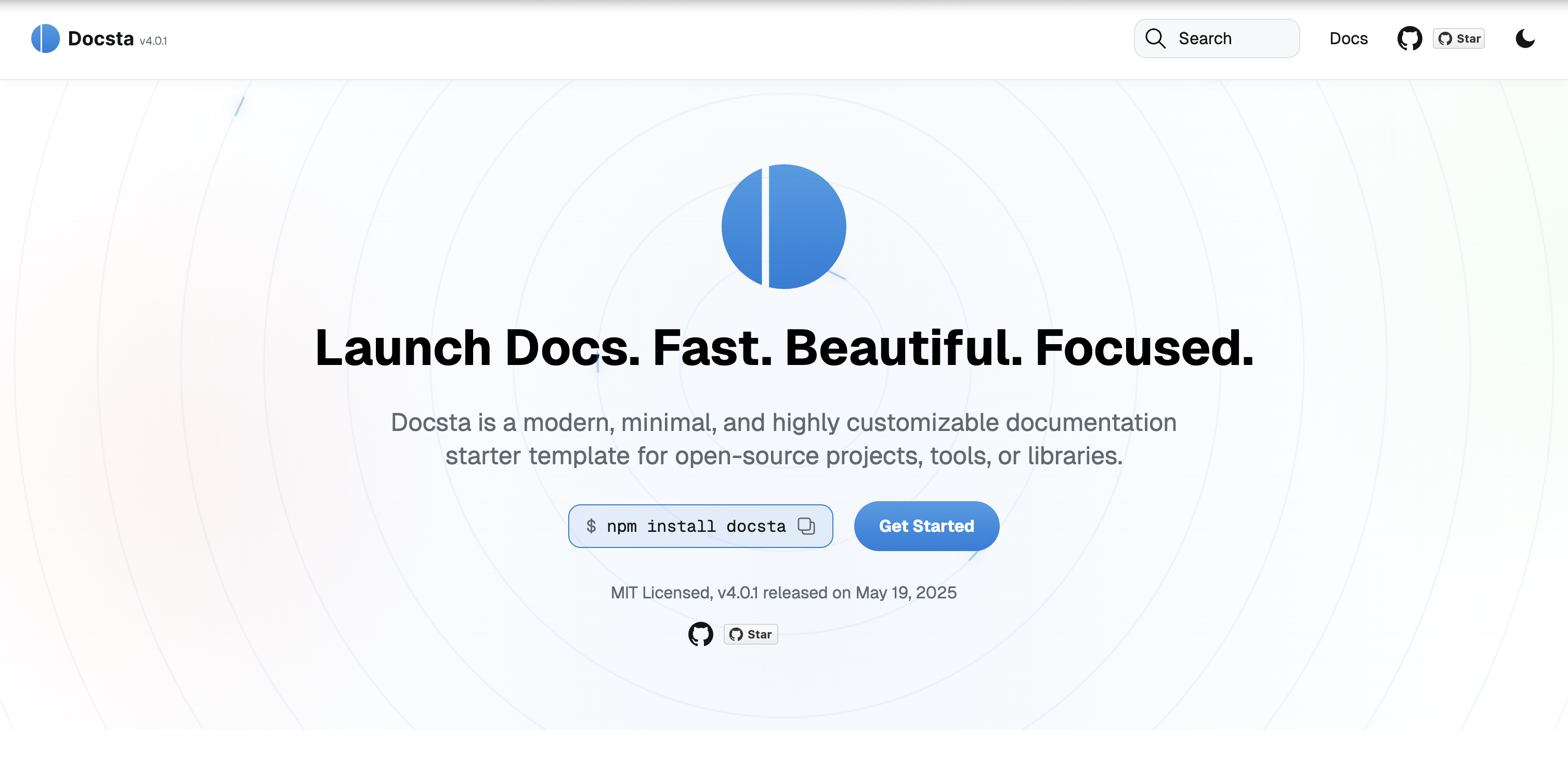 Docsta template navigation menu displayed on a desktop