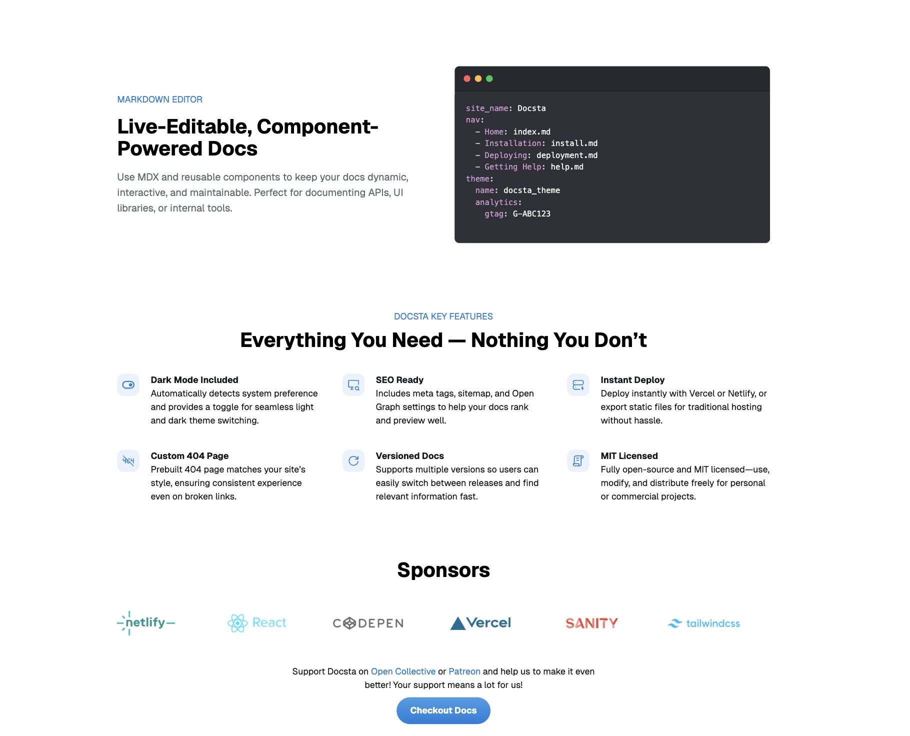 Figma interface showing editable components of Docsta template