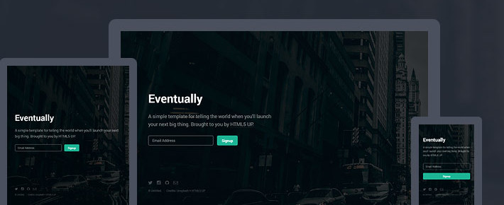 Screenshot of the Eventually website template showcasing slideshow and signup form