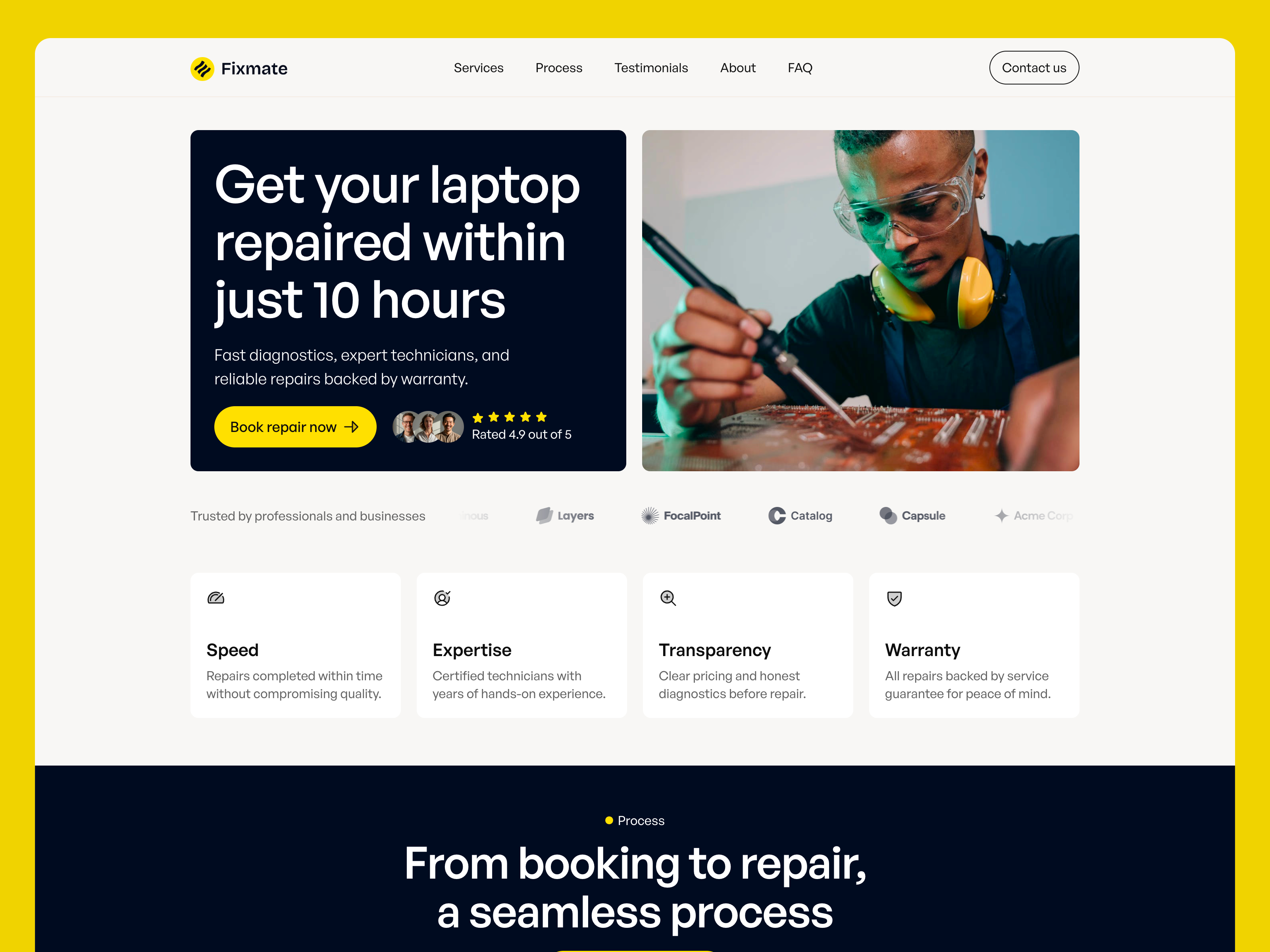 Preview of the Fixmate Framer template for IT services.