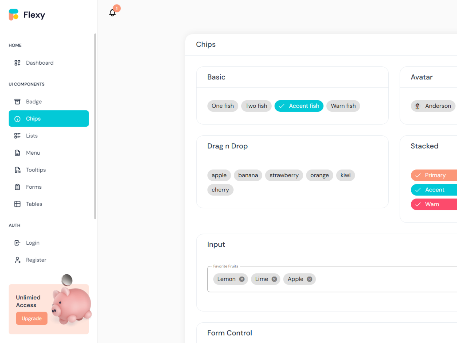 Components included in Flexy Free Material Angular