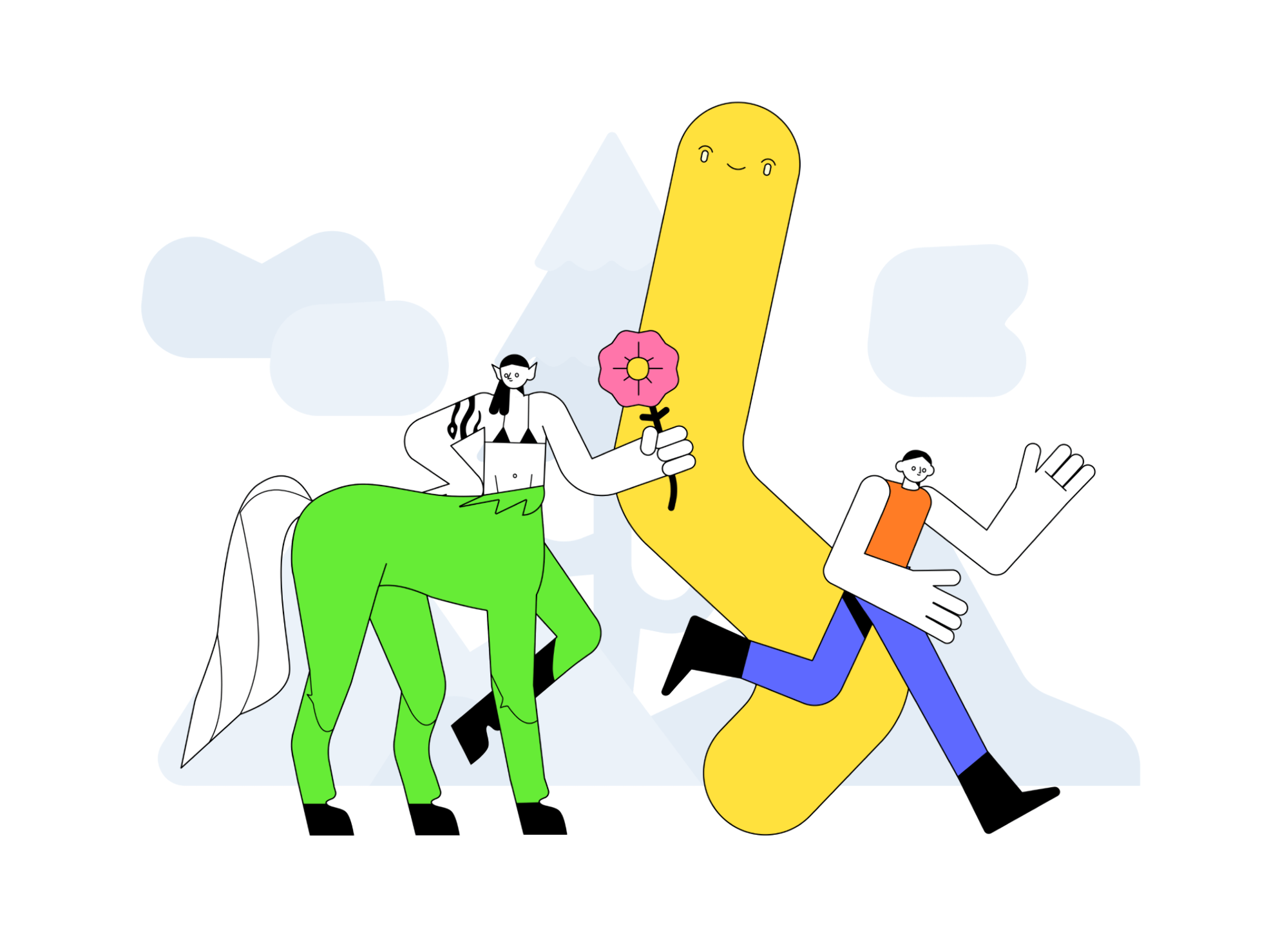 People and robots interacting in a futuristic setting