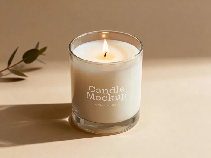 Close-up of glass candle mockup with warm natural light