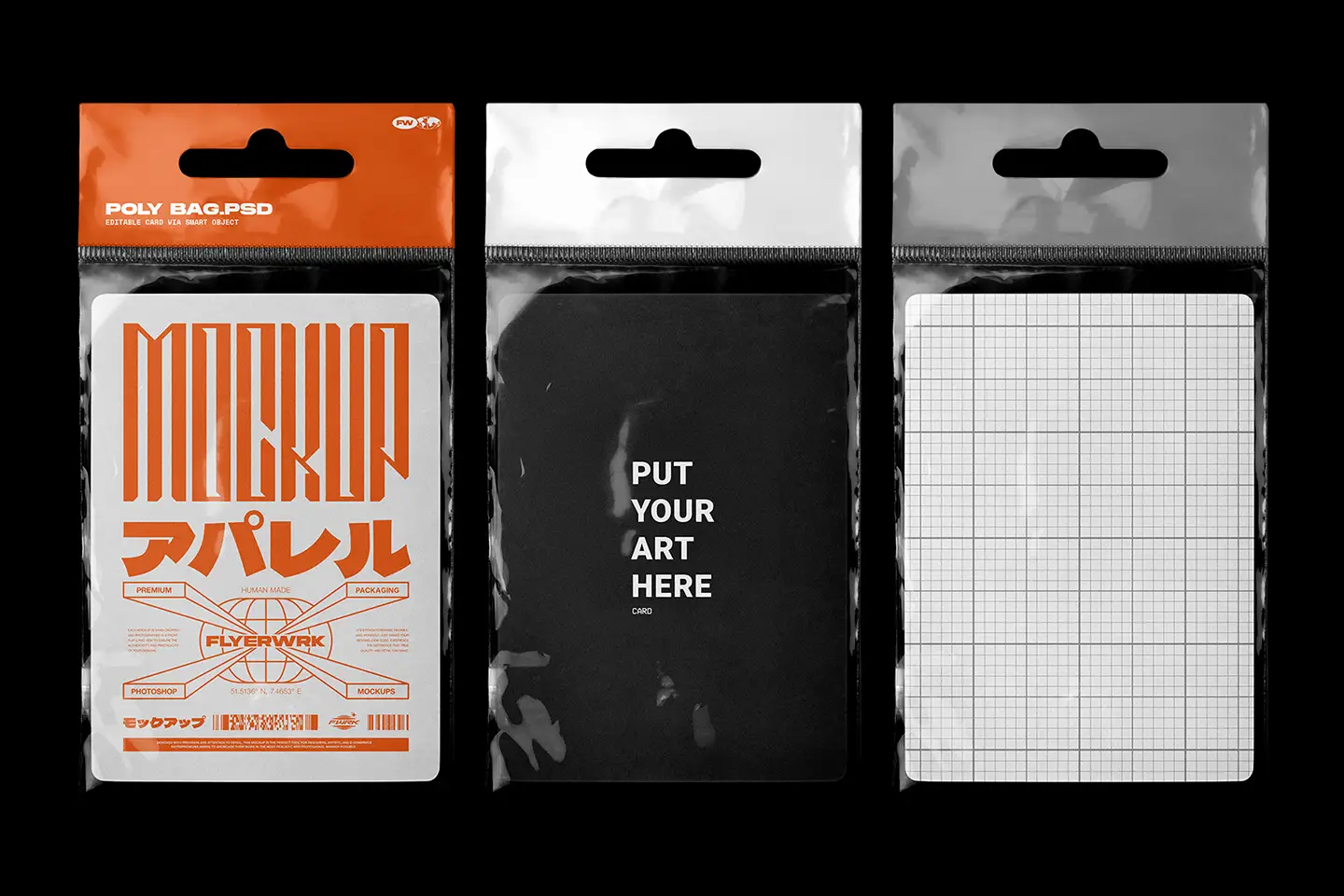 Hanging poly bag mockup with customizable header