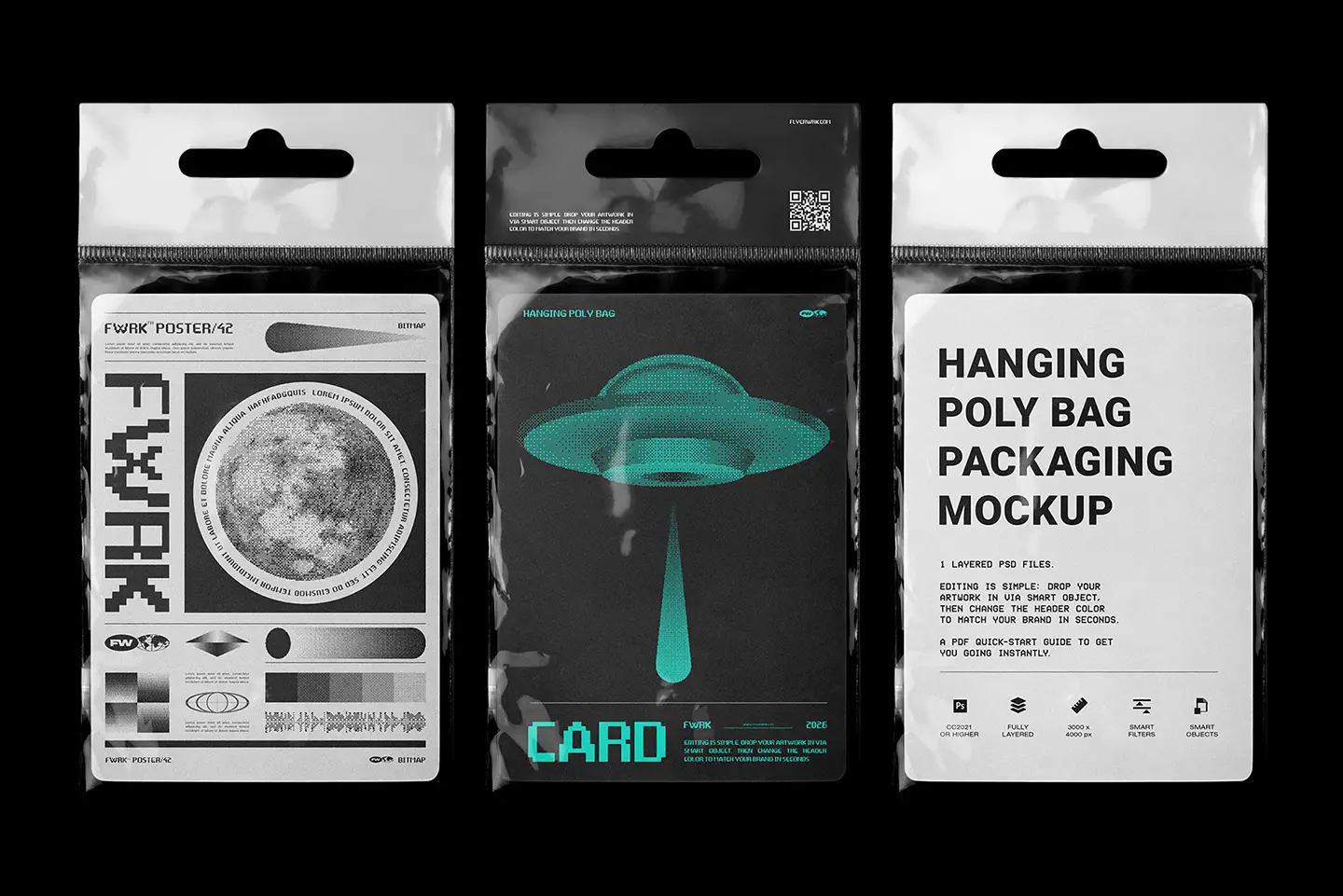 Close-up of hanging poly bag mockup in use