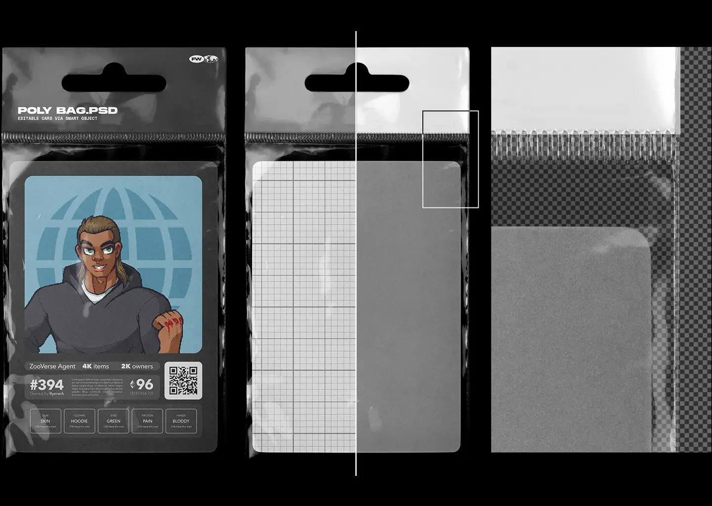 Mockup display of hanging poly bag with product inside