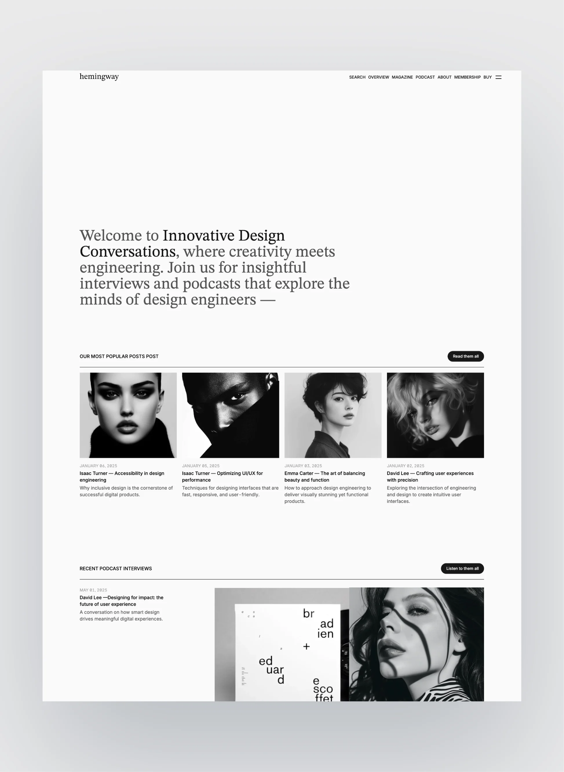 Structured layout of Hemingway website template