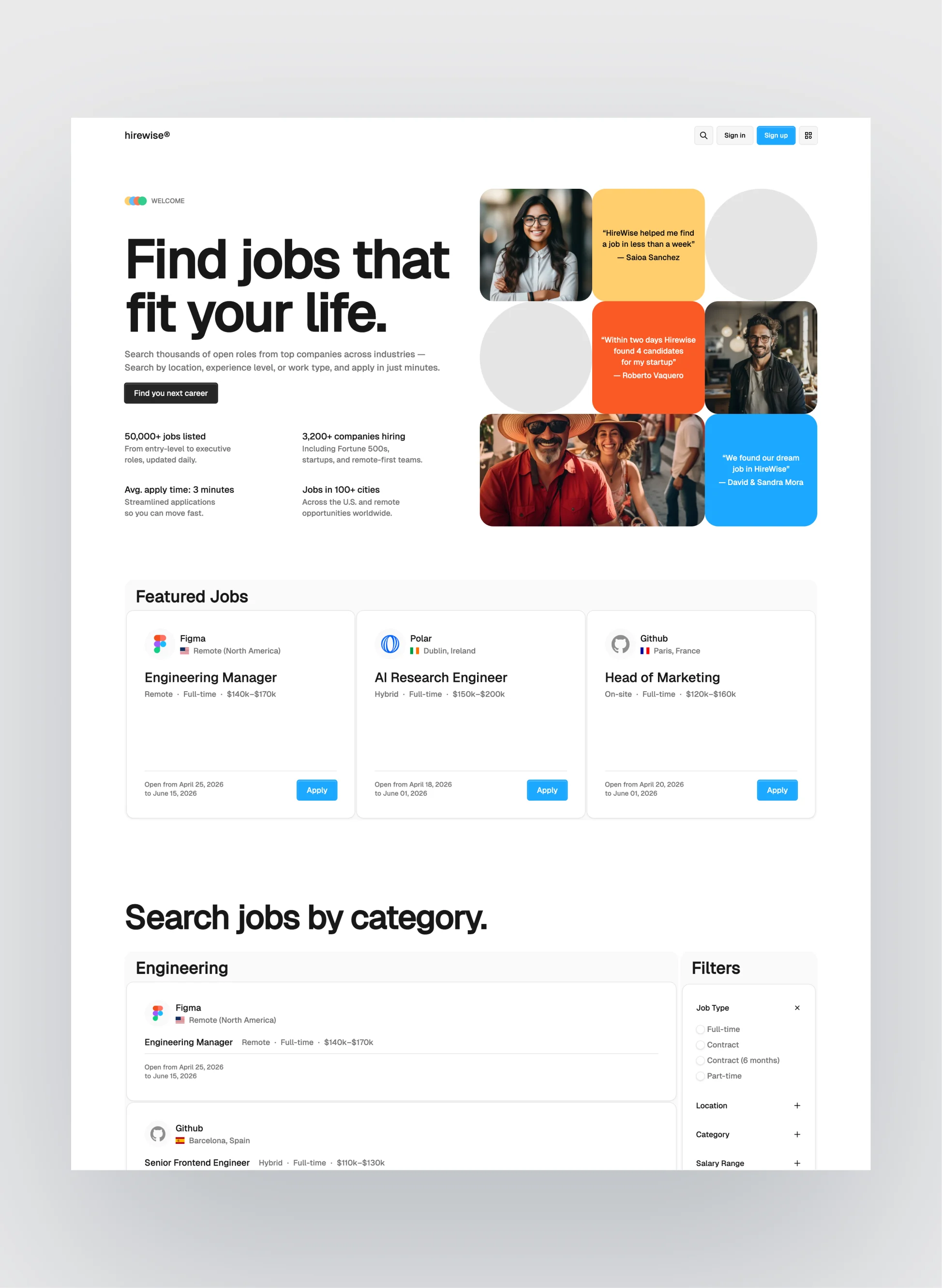 Light mode layout of the Hirewise template