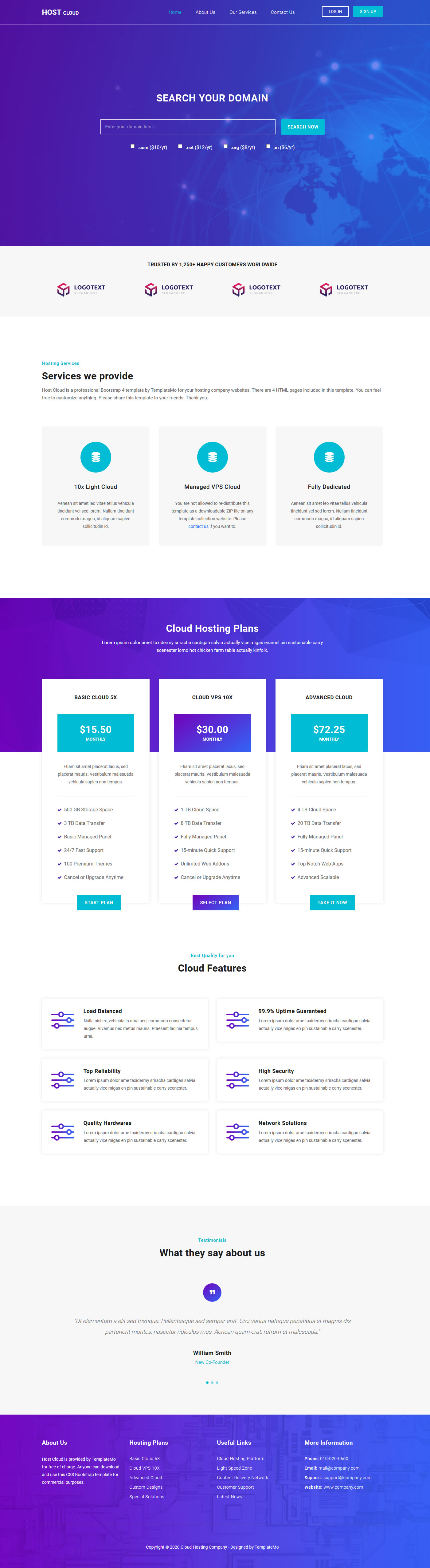 Preview of the Host Cloud Template showcasing its sections and design.
