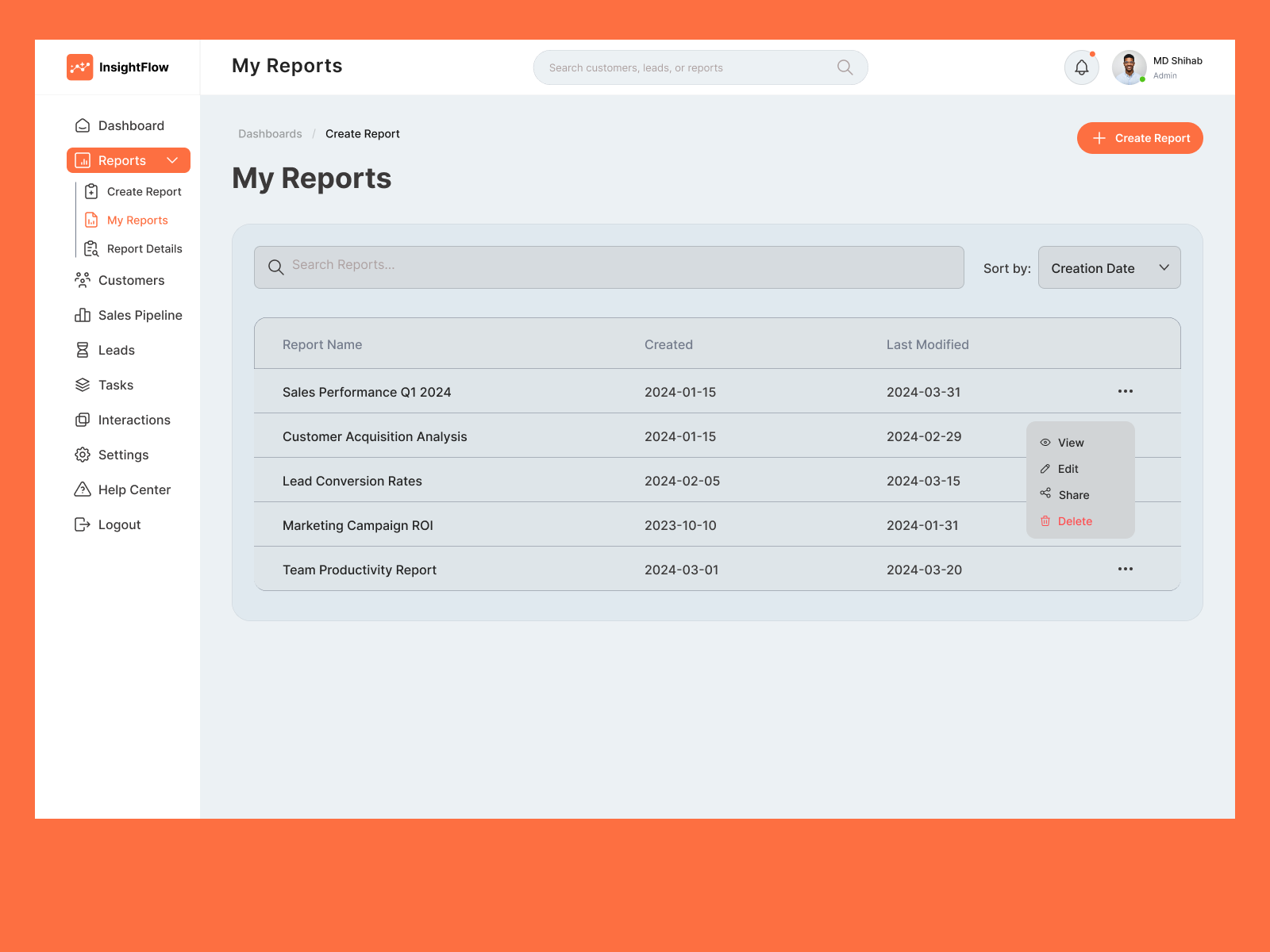 My Reports section in InsightFlow template