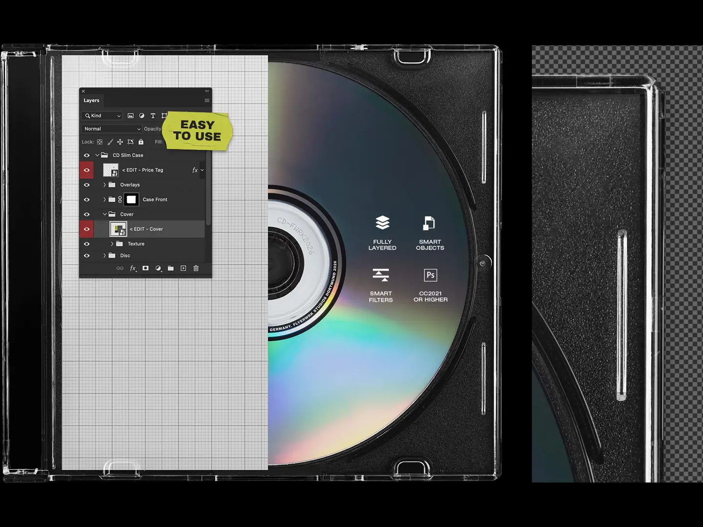 Mockup of open CD slim case with artwork