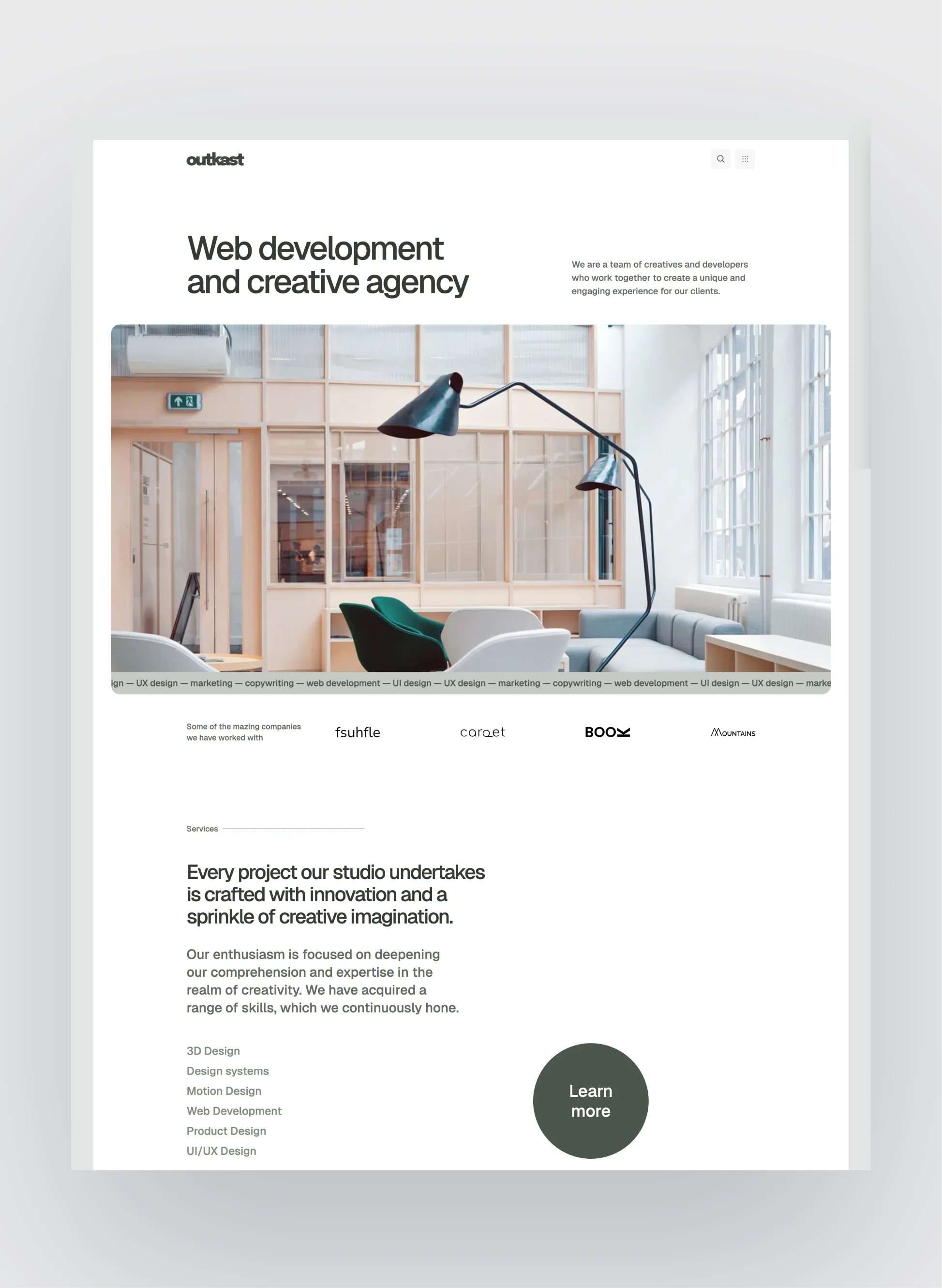 Clean design of Outkast homepage showcasing agency features