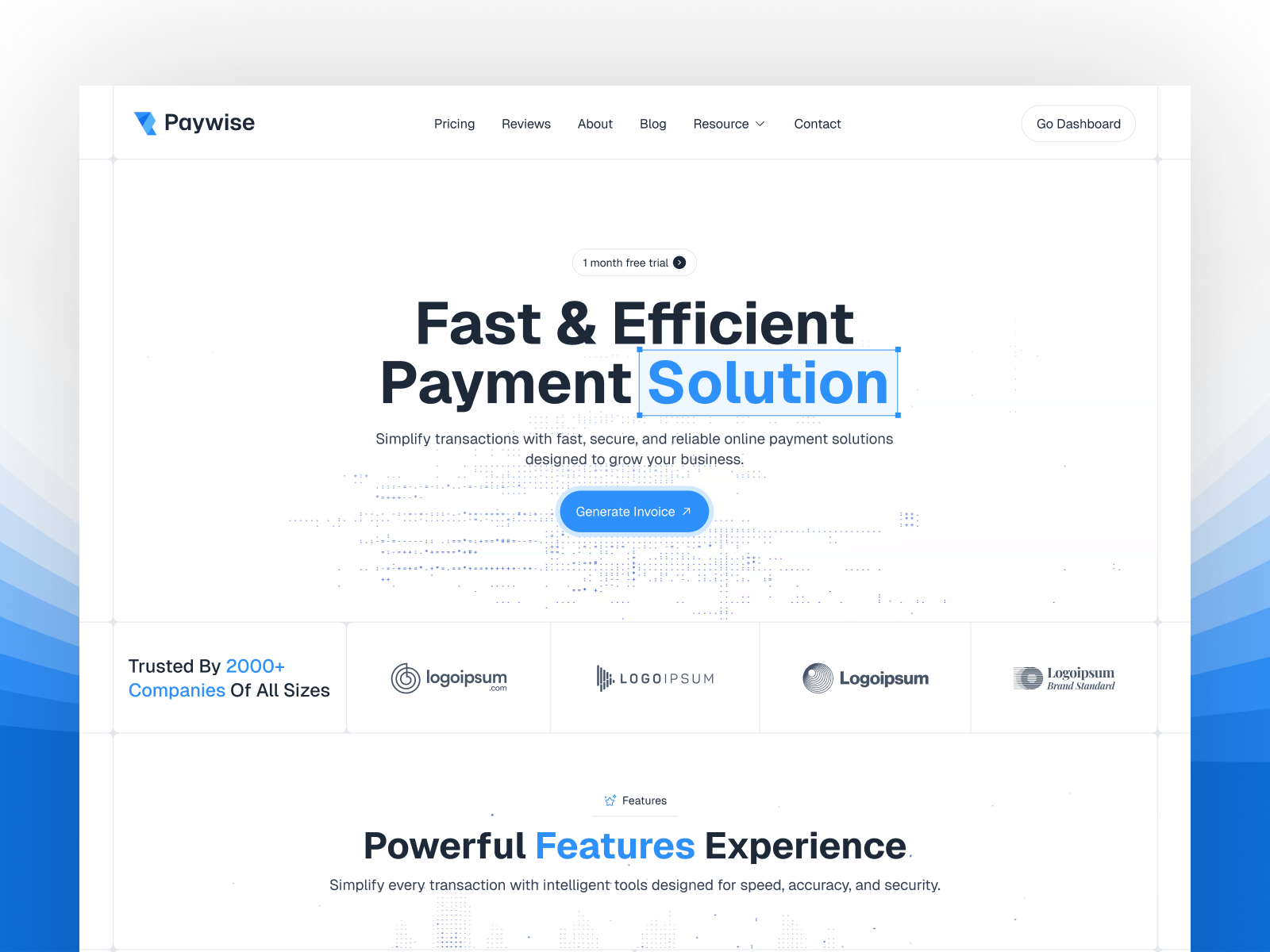 Homepage layout of Paywise showcasing payment features.