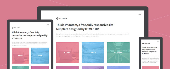 Screenshot of Phantom website template displaying colorful interactive tiles.