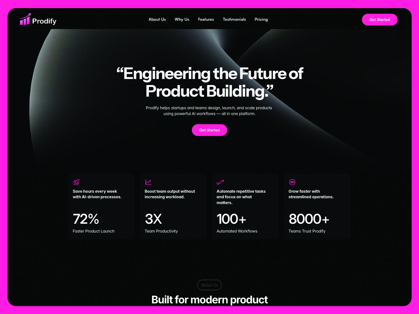 Prodify dark UI preview showcasing modern layout