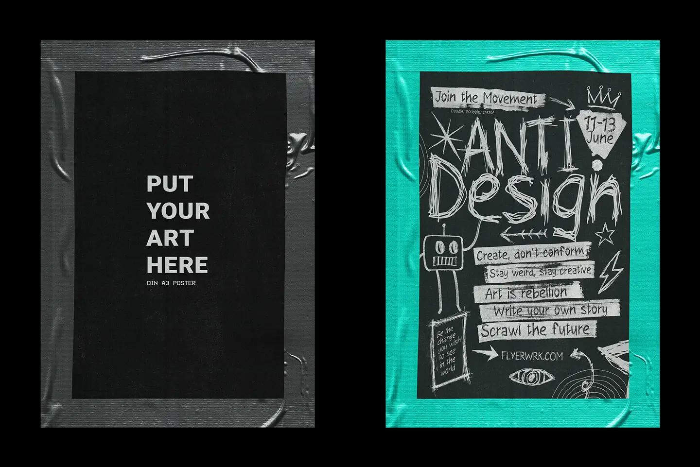 Artistic presentation using the taped poster mockup
