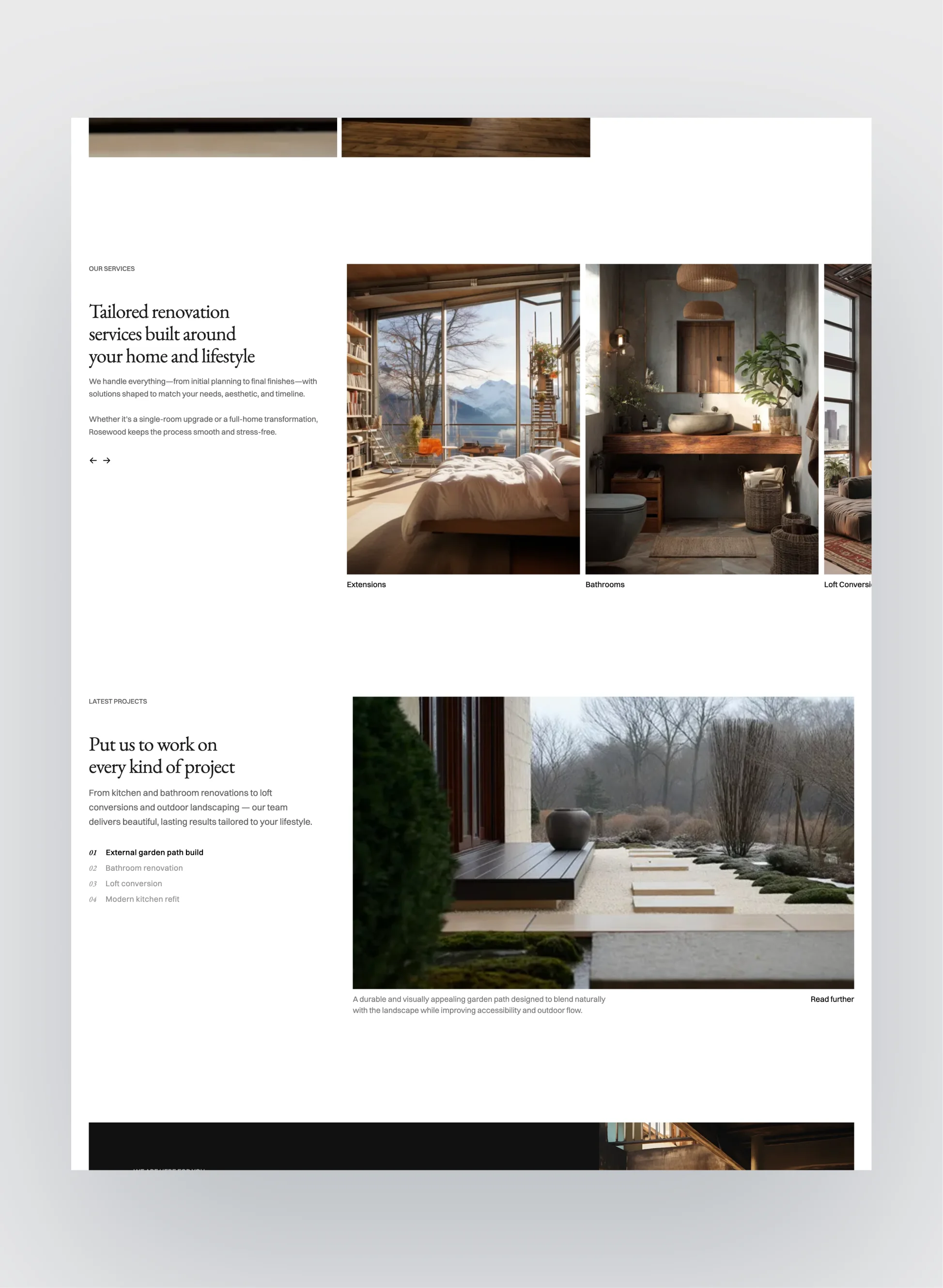 Portfolio layout showcased in the Rosewood template