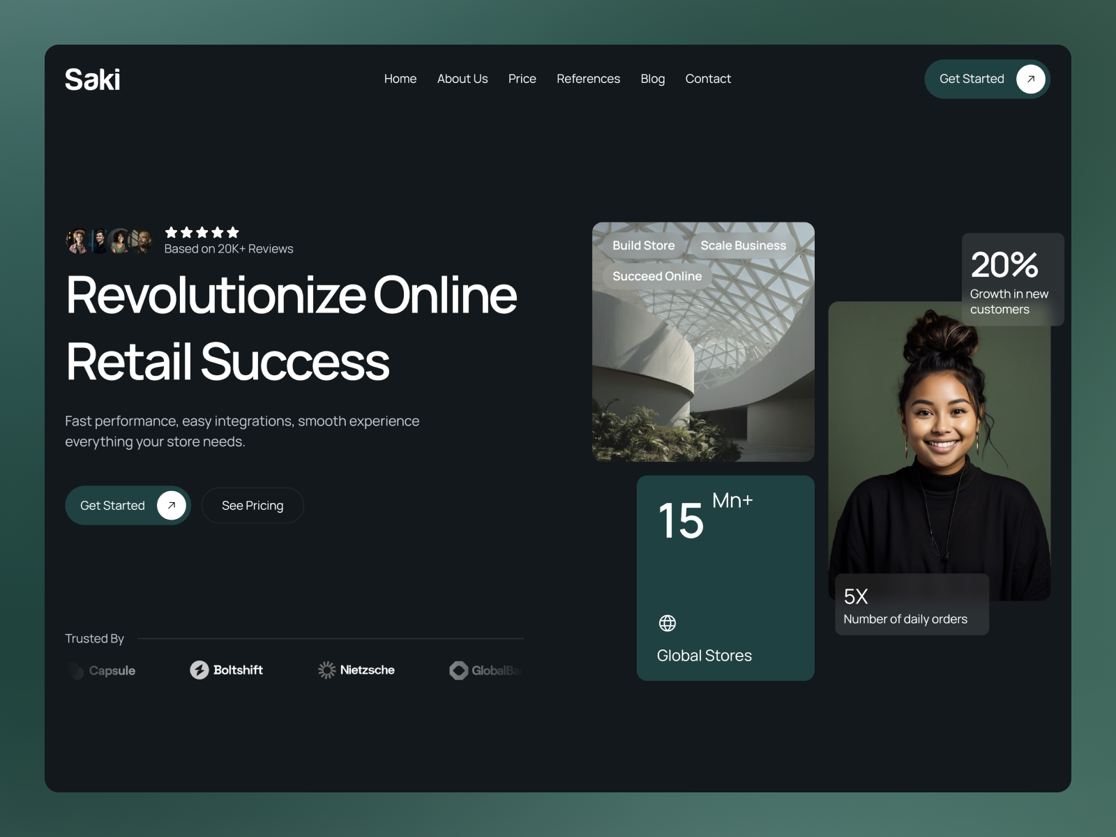 Saki product page layout showcasing features