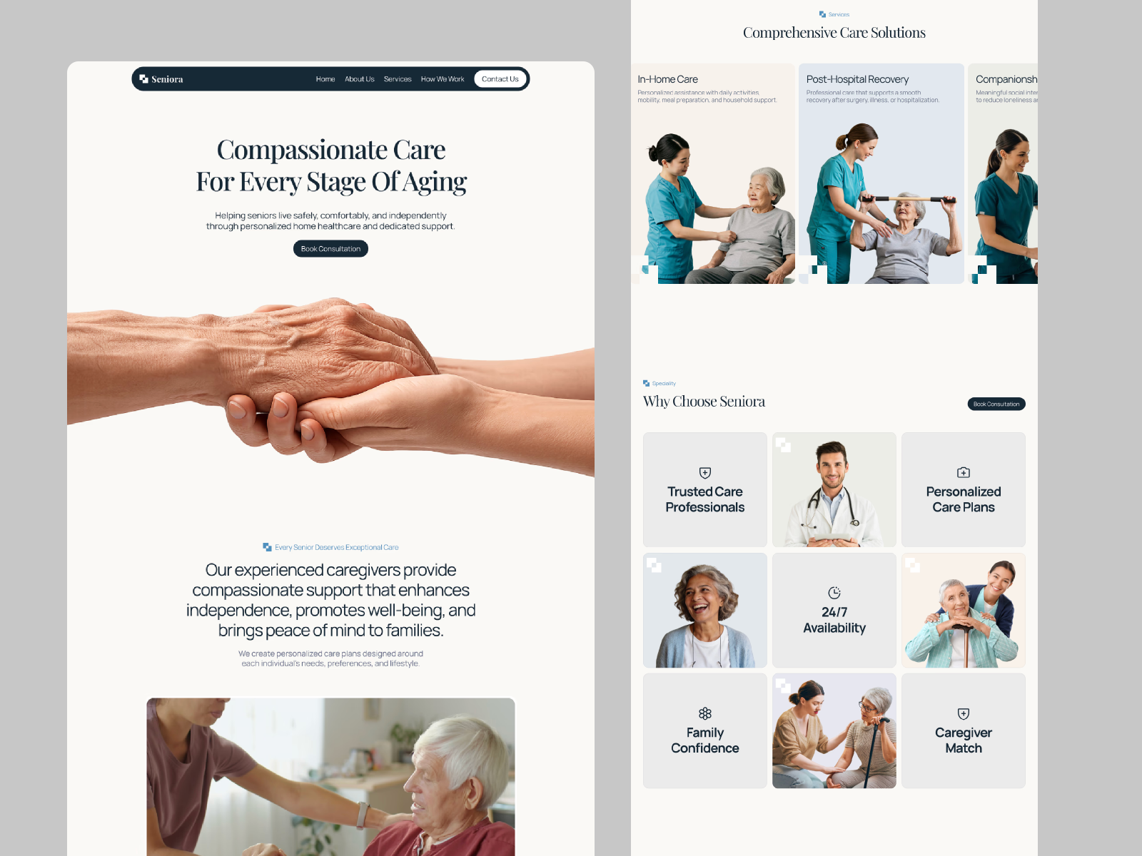 Visual preview of the Seniora homepage designed for home healthcare agencies.