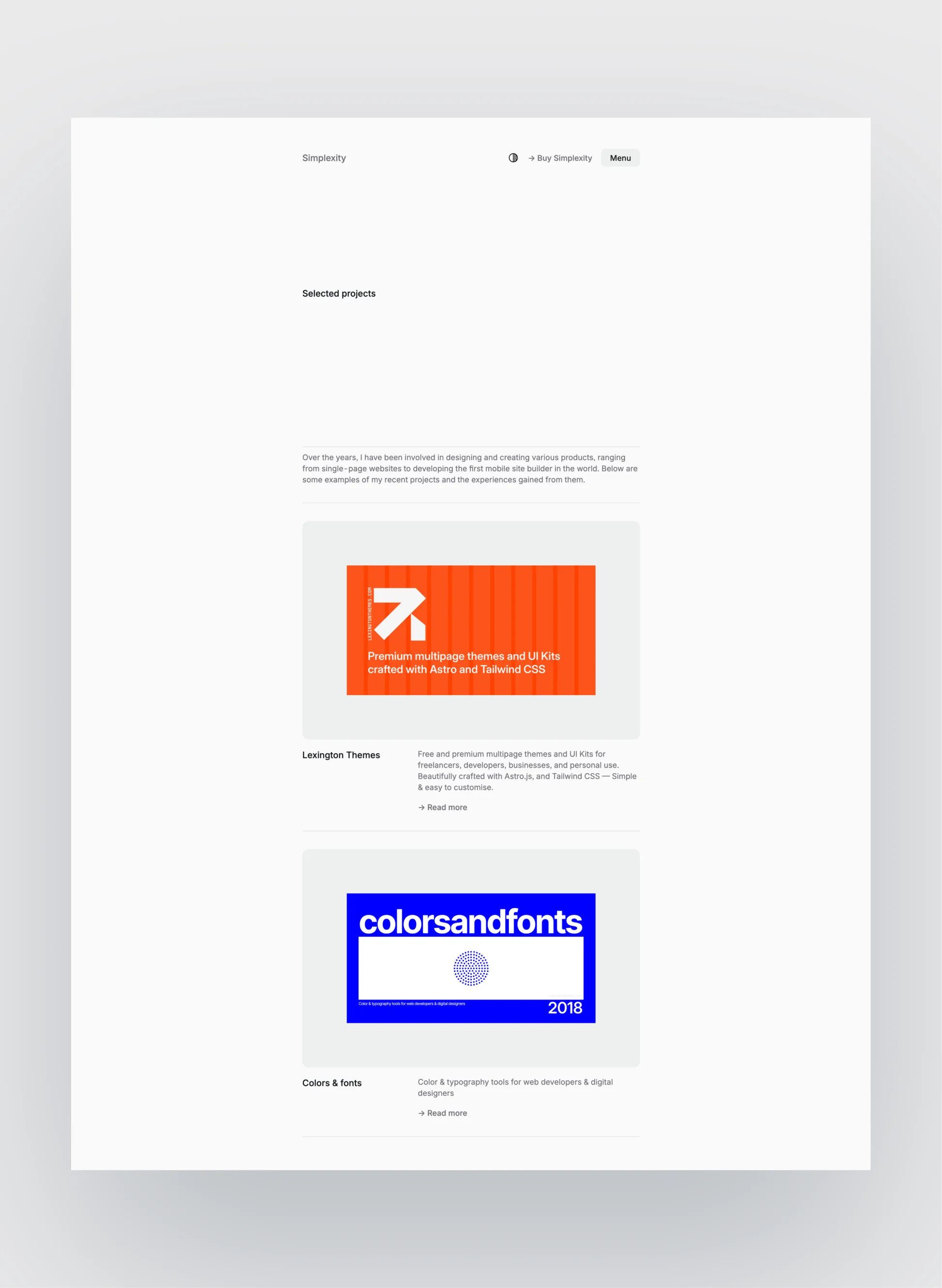 Portfolio layout example in Simplexity