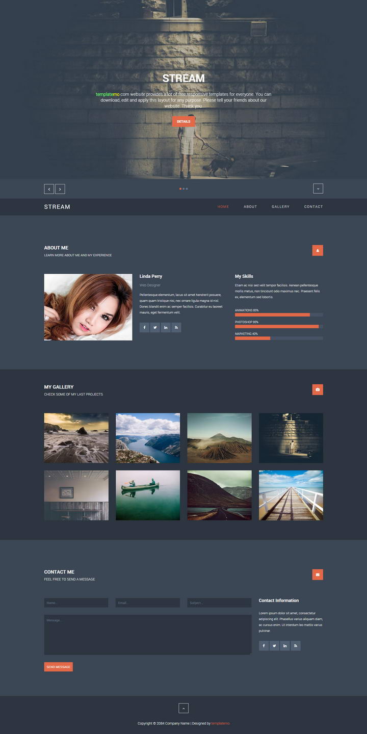 Dark blue themed Stream Template portfolio layout with image display.
