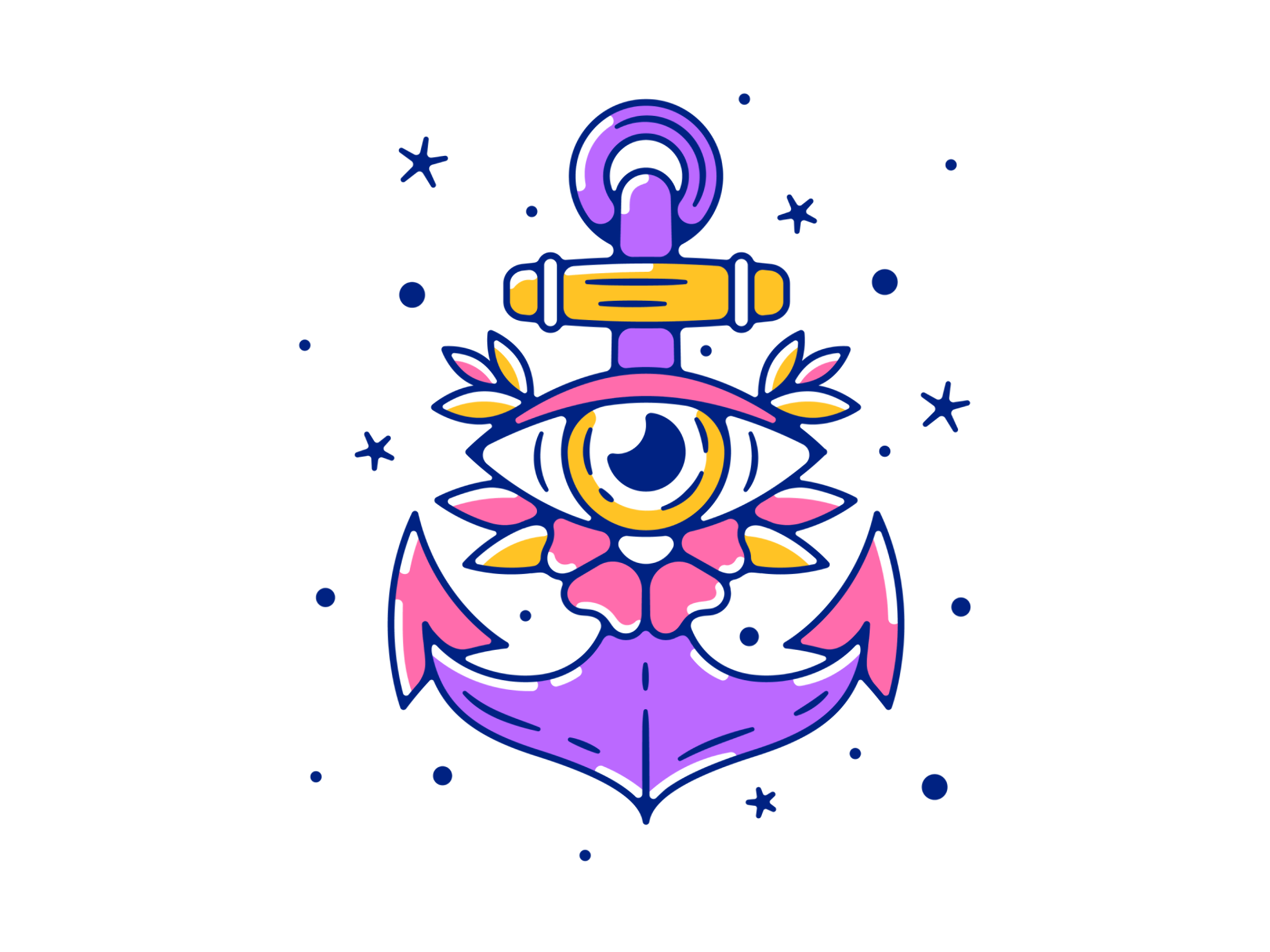 Vibrant outline tattoo art with a purple and yellow theme
