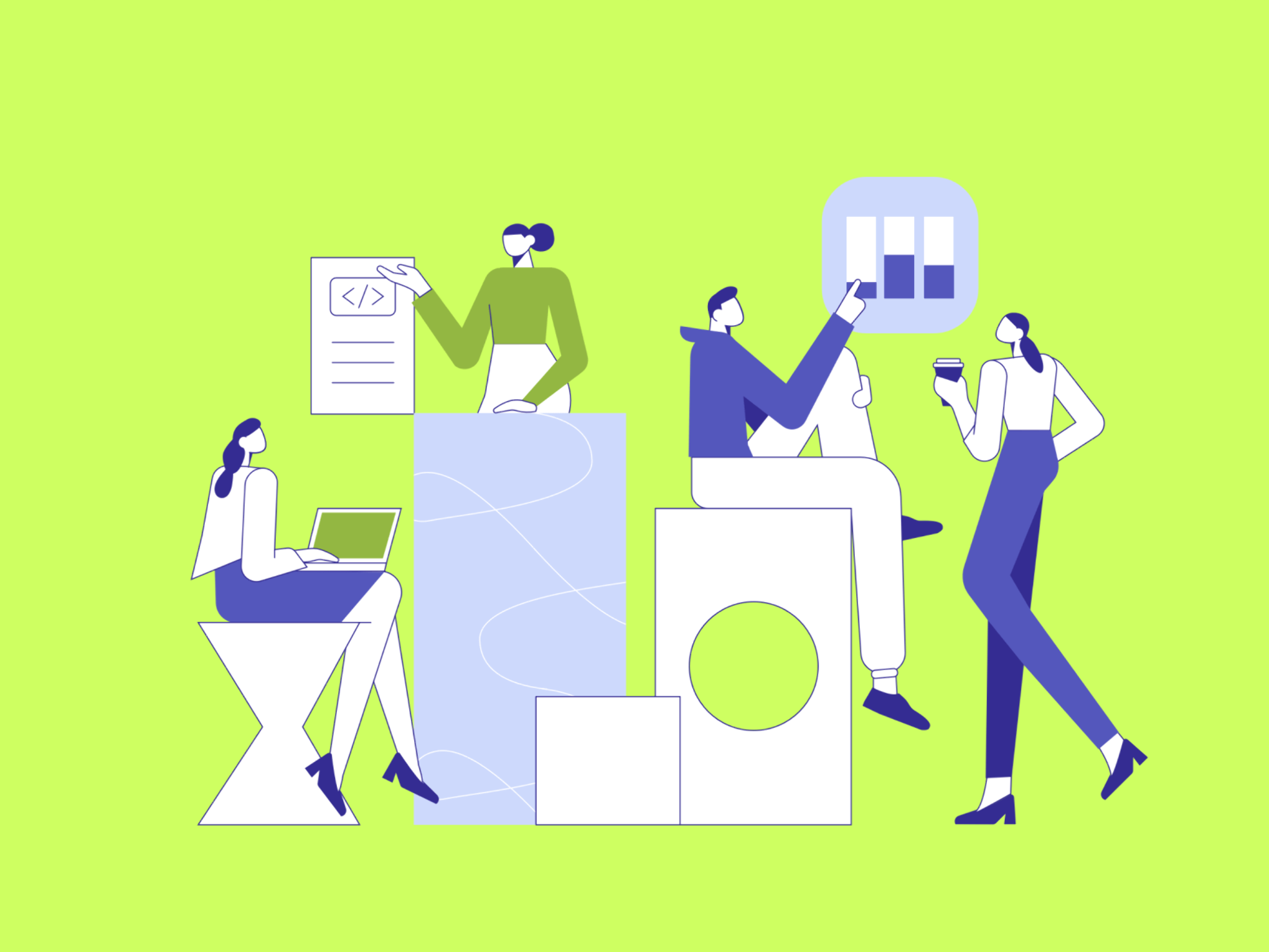 Geometric illustration of three professionals collaborating