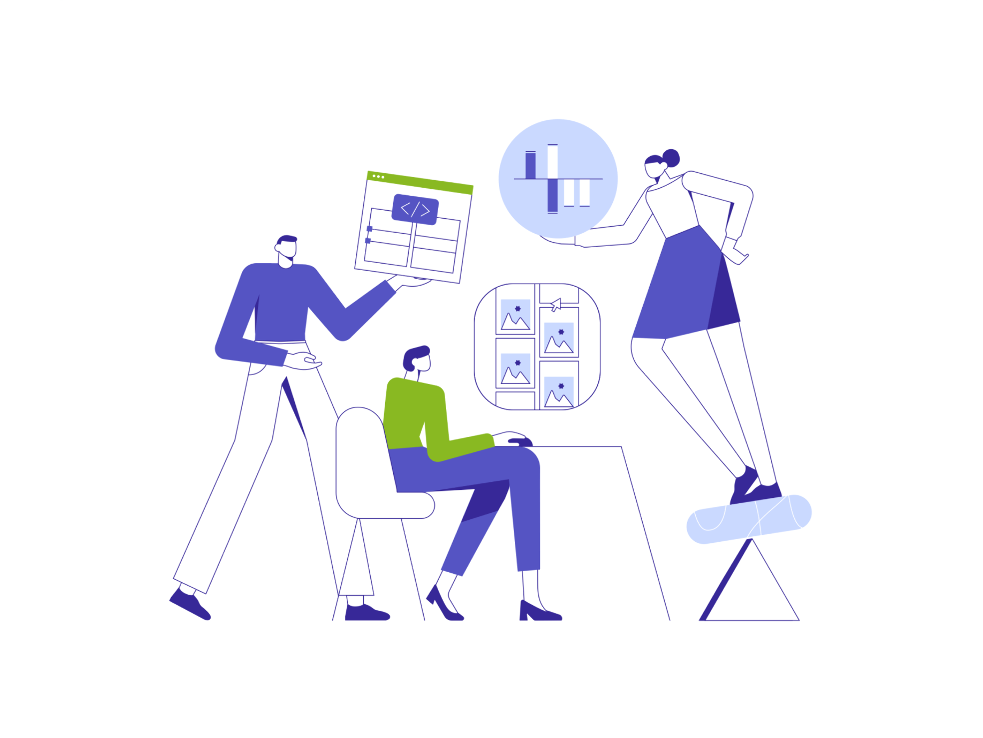 Geometric art portraying diverse team members engaging in tasks