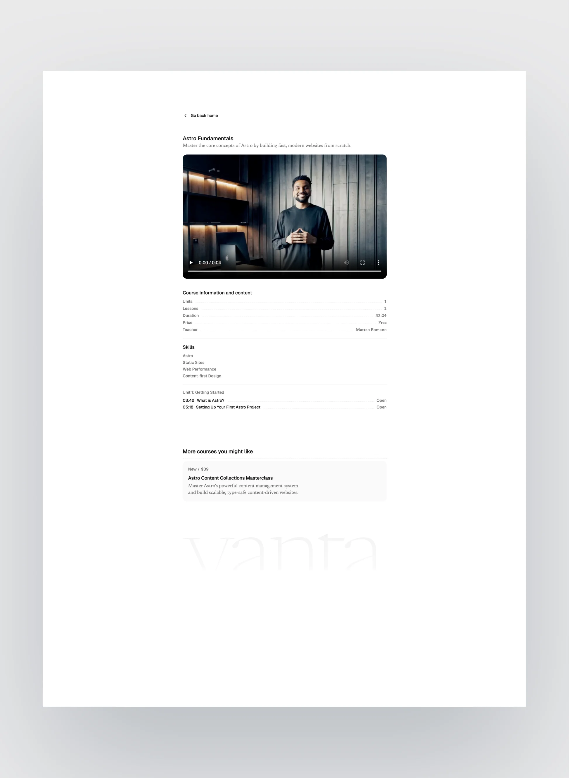Vanta template showcasing course content