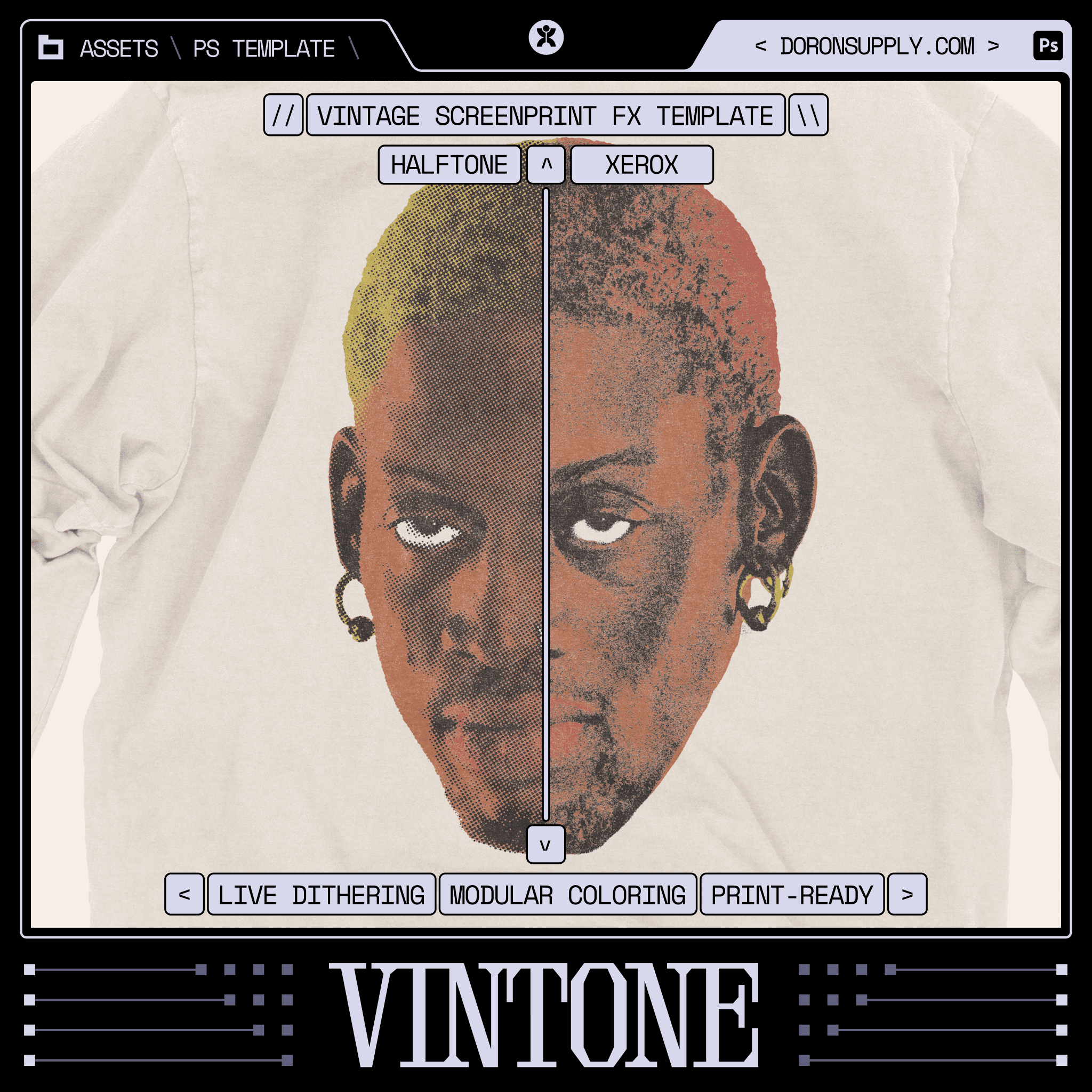 VINTONE Photoshop template interface showing vintage graphics