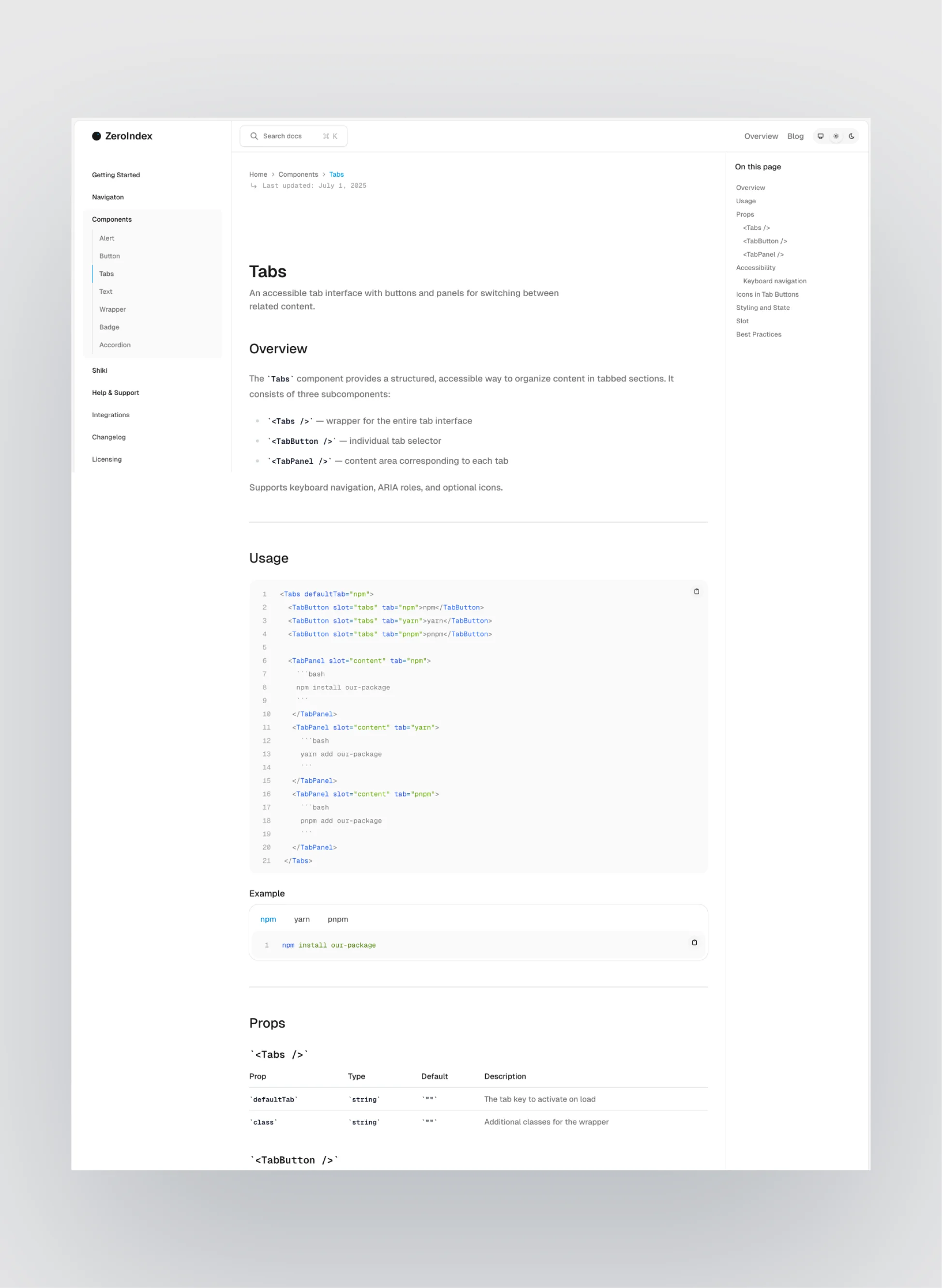 ZeroIndex template dark mode layout preview