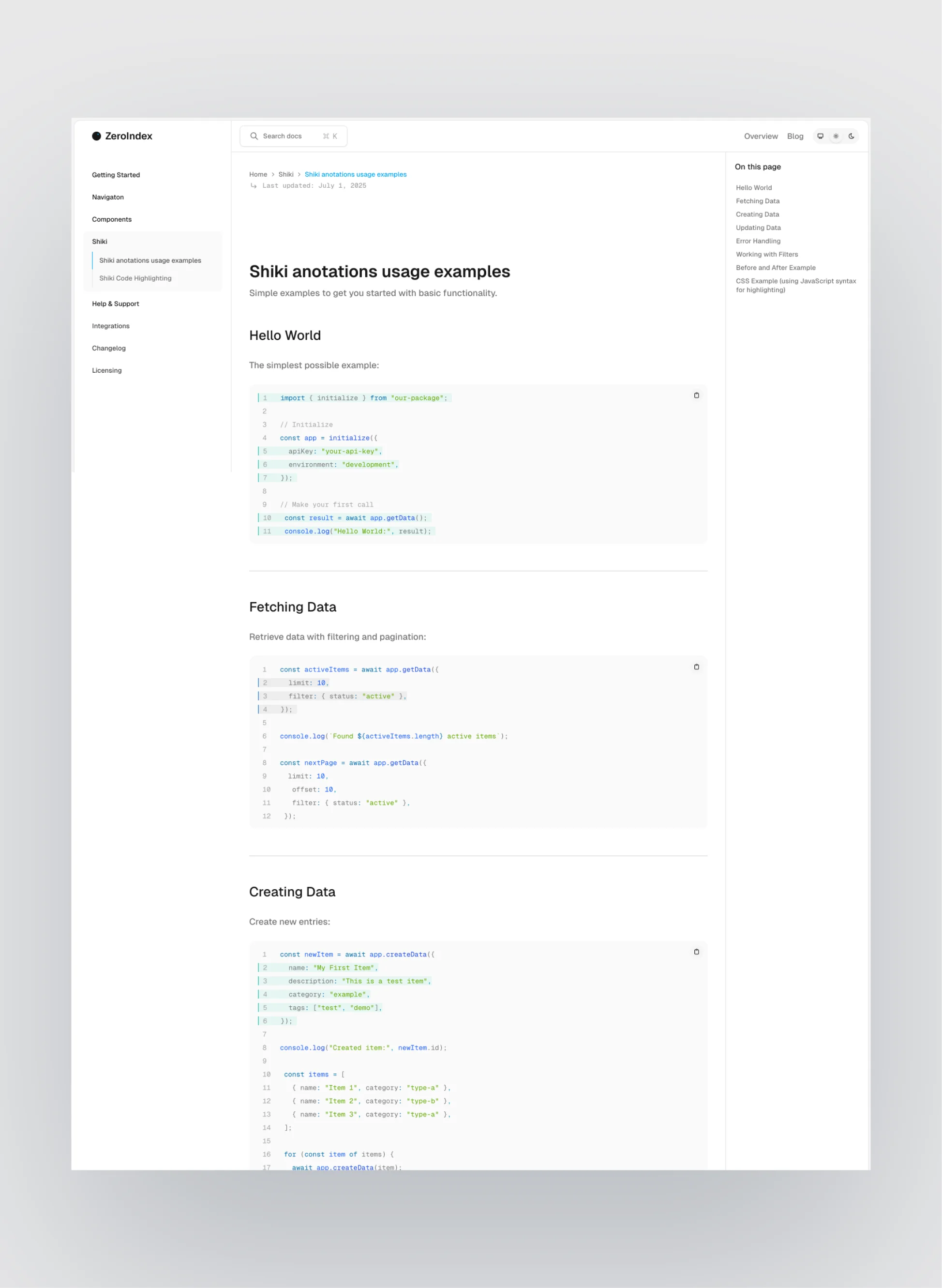 ZeroIndex documentation page example